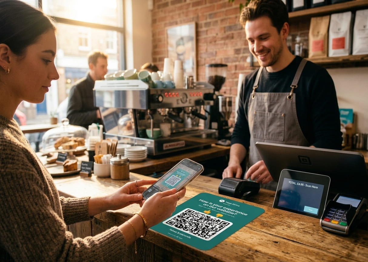 A café counter with a Tapp feedback card by the till